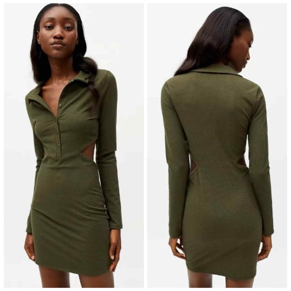 Urban Outfitters Gwen Ribbed Cut-Out Collared Long Sleeve Mini Dress | Olive | S